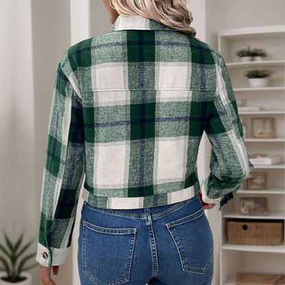Plaid Cropped Shacket with Lapel Collar and Button Front