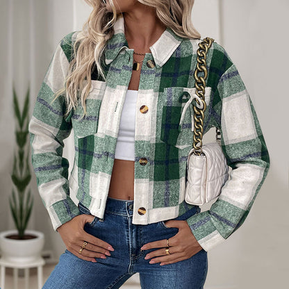 Plaid Cropped Shacket with Lapel Collar and Button Front