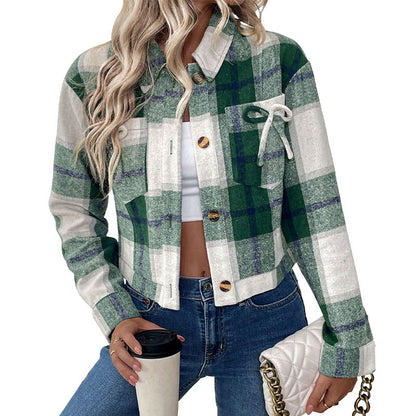 Plaid Cropped Shacket with Lapel Collar and Button Front
