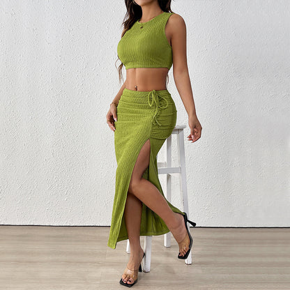 Solid Ribbed Knit Crop Top and Slit Maxi Skirt Set