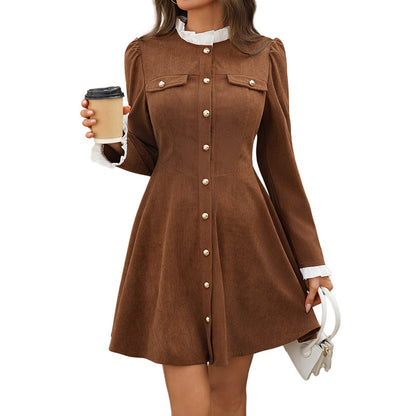 A-Line Dress with Ruffled Collar and Button Front