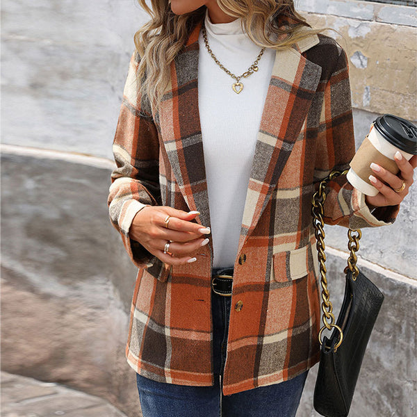 Loose Plaid Blazer with Suit Collar and Brushed Finish