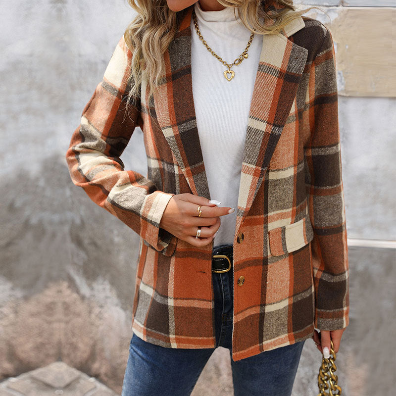 Loose Plaid Blazer with Suit Collar and Brushed Finish