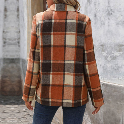 Loose Plaid Blazer with Suit Collar and Brushed Finish
