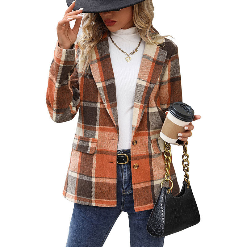 Loose Plaid Blazer with Suit Collar and Brushed Finish