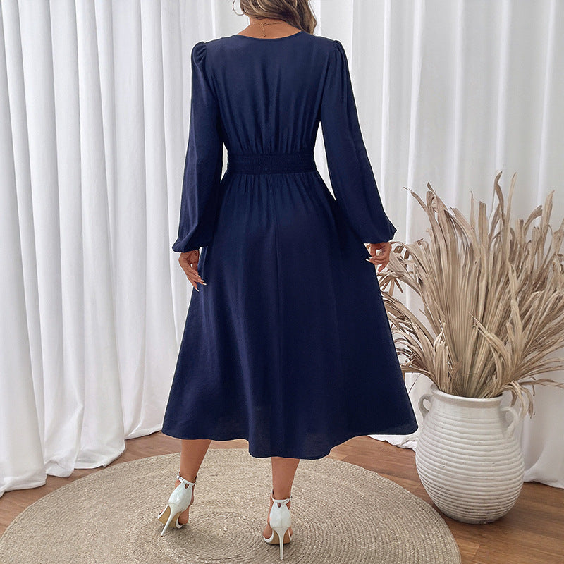 Embroidered A-Line Midi Dress with V-Neck and Shirred Waist