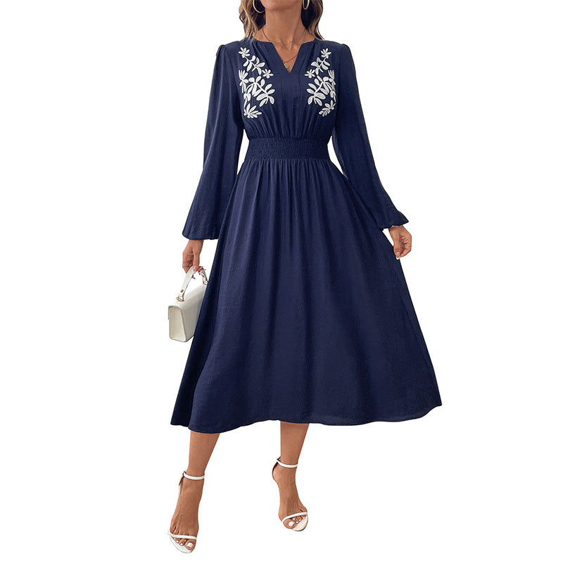 Embroidered A-Line Midi Dress with V-Neck and Shirred Waist