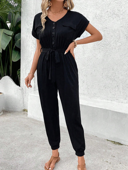 Relaxed Fit Jumpsuit with Tie Waist and Jogger Pants