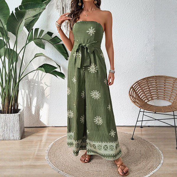 Snowflake Print Strapless Jumpsuit with Wide Legs
