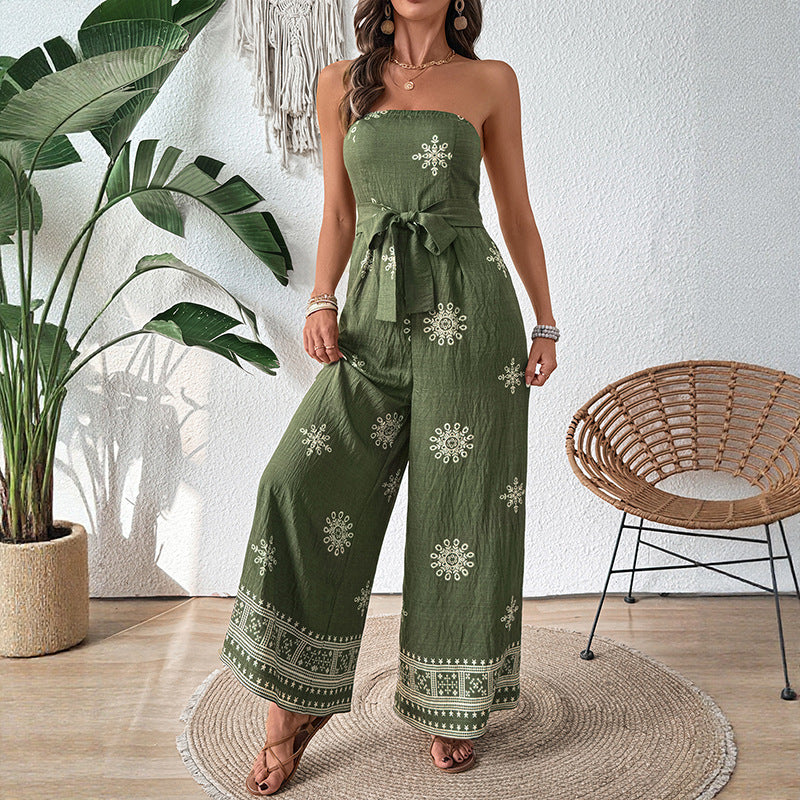 Snowflake Print Strapless Jumpsuit with Wide Legs