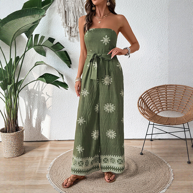 Snowflake Print Strapless Jumpsuit with Wide Legs