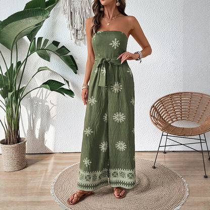 Snowflake Print Strapless Jumpsuit with Wide Legs