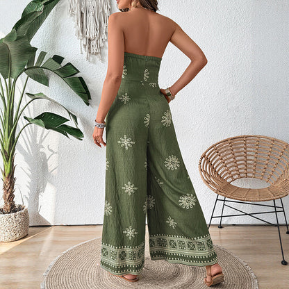 Snowflake Print Strapless Jumpsuit with Wide Legs