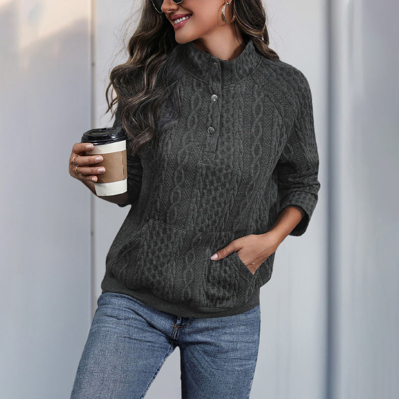 Textured Sweatshirt with Snap Placket and Kangaroo Pocket