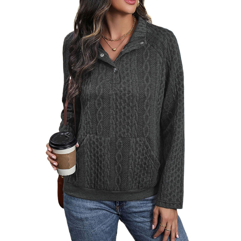 Textured Sweatshirt with Snap Placket and Kangaroo Pocket