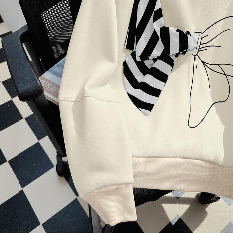 Loose Fit Bow Print Sweatshirt with 3D Striped Bow Detail