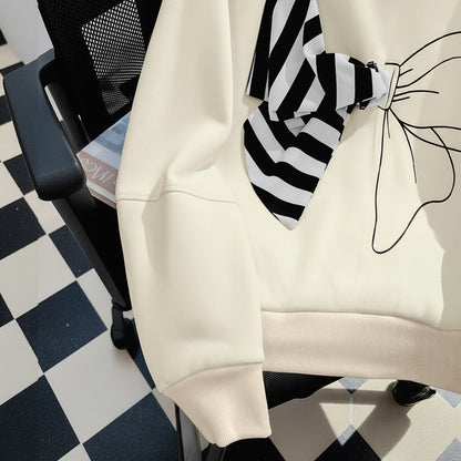Loose Fit Bow Print Sweatshirt with 3D Striped Bow Detail