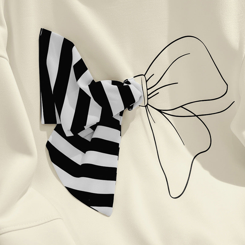 Loose Fit Bow Print Sweatshirt with 3D Striped Bow Detail