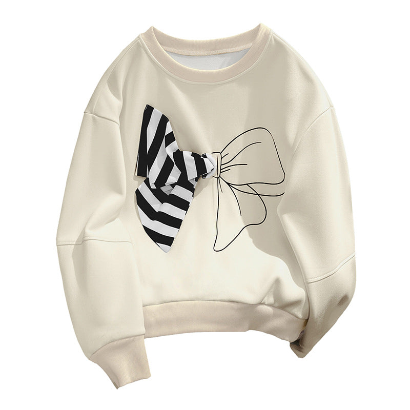 Loose Fit Bow Print Sweatshirt with 3D Striped Bow Detail