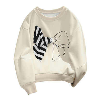 Loose Fit Bow Print Sweatshirt with 3D Striped Bow Detail