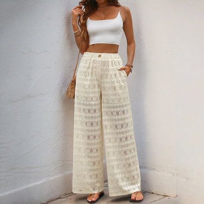 Wide-Leg Sheer Lace Pants with High Waist
