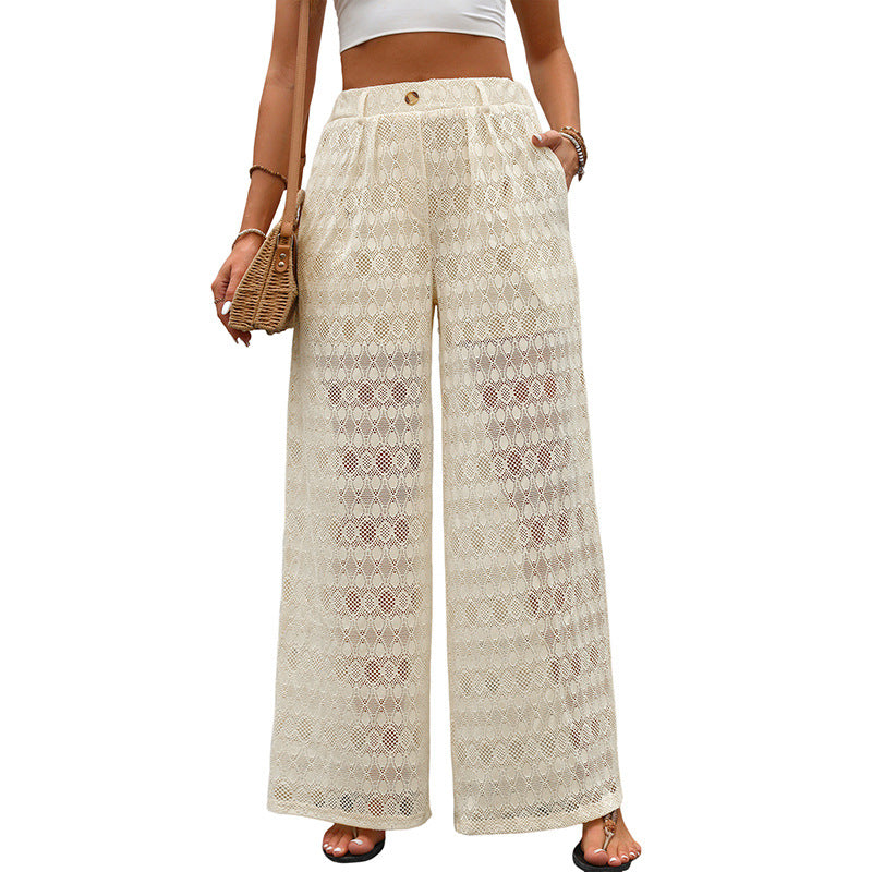 Wide-Leg Sheer Lace Pants with High Waist