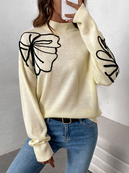 Abstract Floral Outline Pullover Sweater with Half-Turtleneck