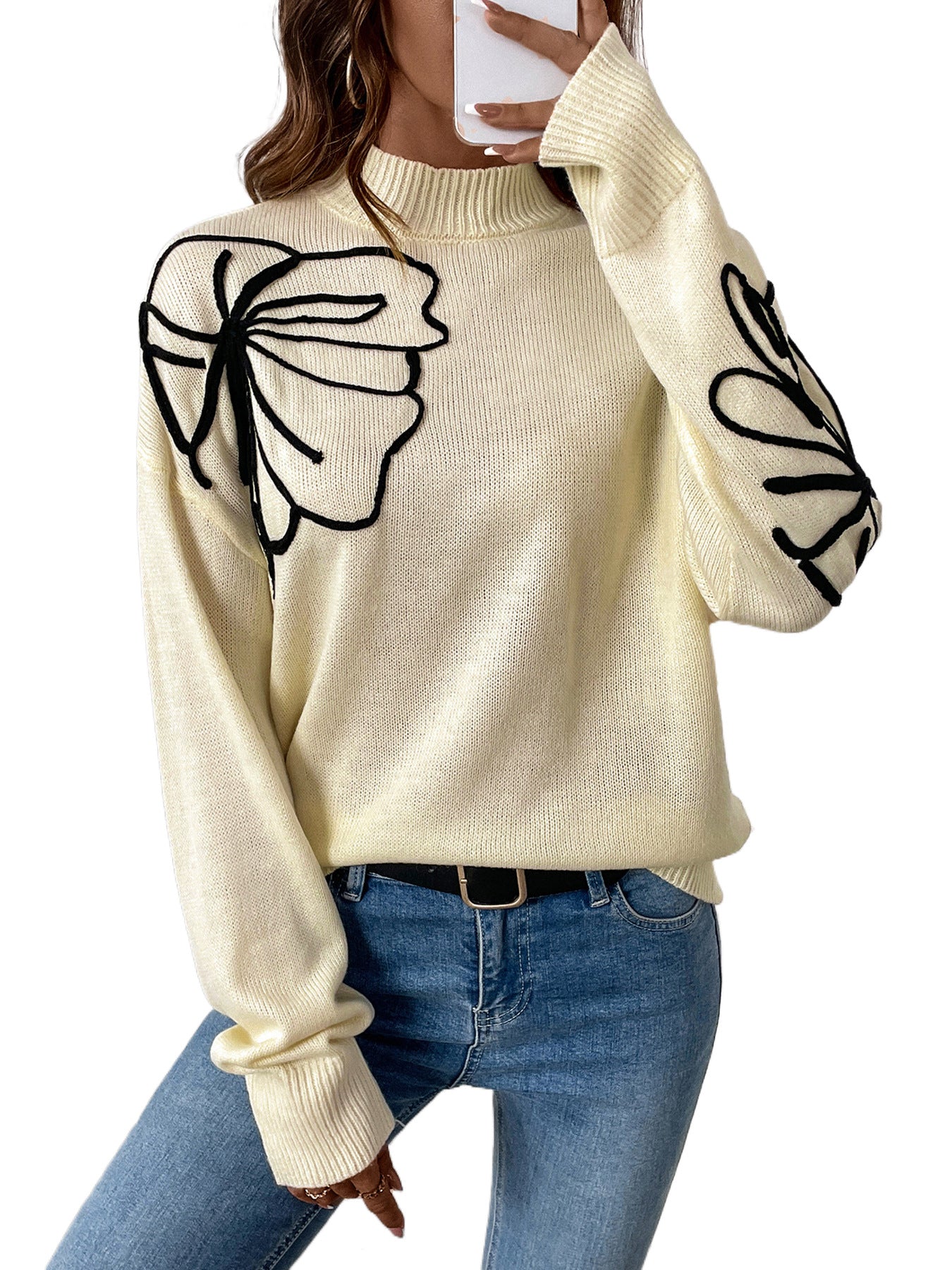 Abstract Floral Outline Pullover Sweater with Half-Turtleneck