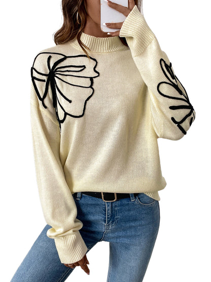 Abstract Floral Outline Pullover Sweater with Half-Turtleneck