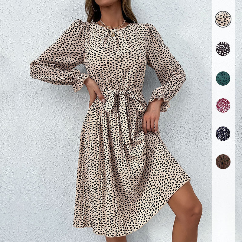 Leopard Print A-Line Midi Dress with Tie-Waist and Ruffle Cuffs