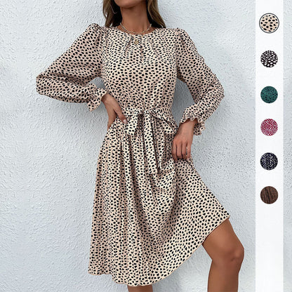 Leopard Print A-Line Midi Dress with Tie-Waist and Ruffle Cuffs