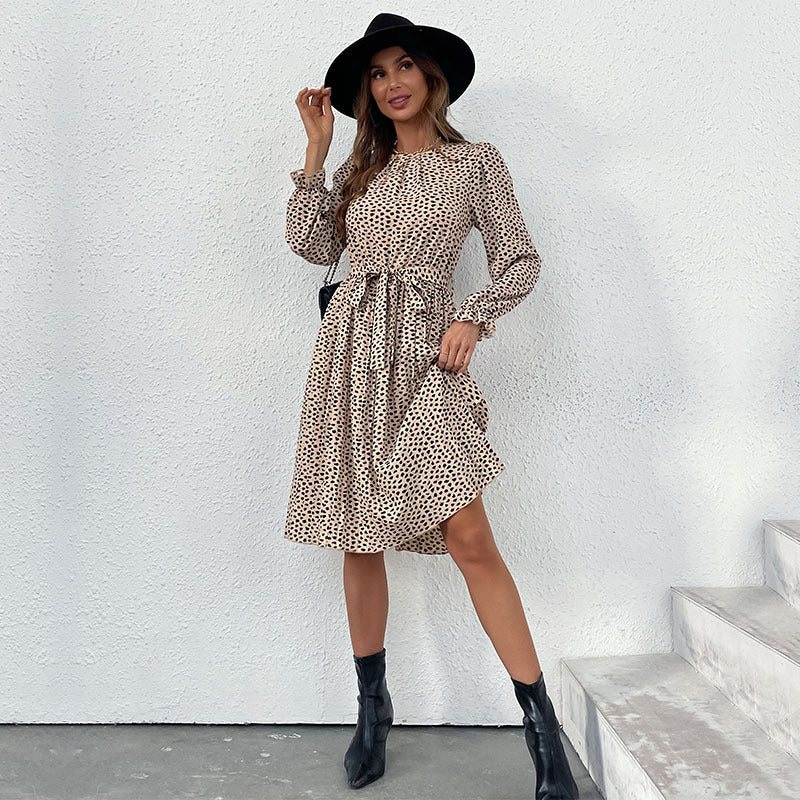 Leopard Print A-Line Midi Dress with Tie-Waist and Ruffle Cuffs