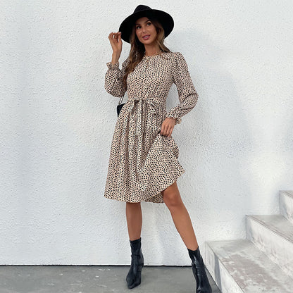 Leopard Print A-Line Midi Dress with Tie-Waist and Ruffle Cuffs