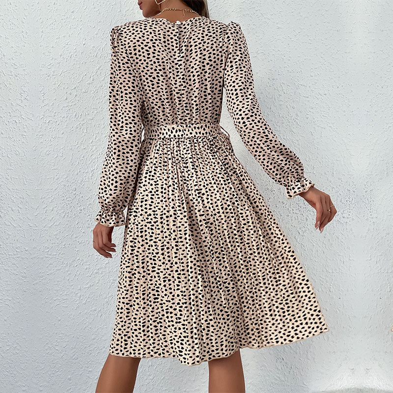 Leopard Print A-Line Midi Dress with Tie-Waist and Ruffle Cuffs