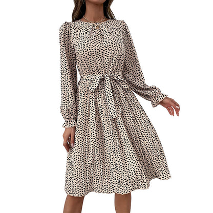 Leopard Print A-Line Midi Dress with Tie-Waist and Ruffle Cuffs
