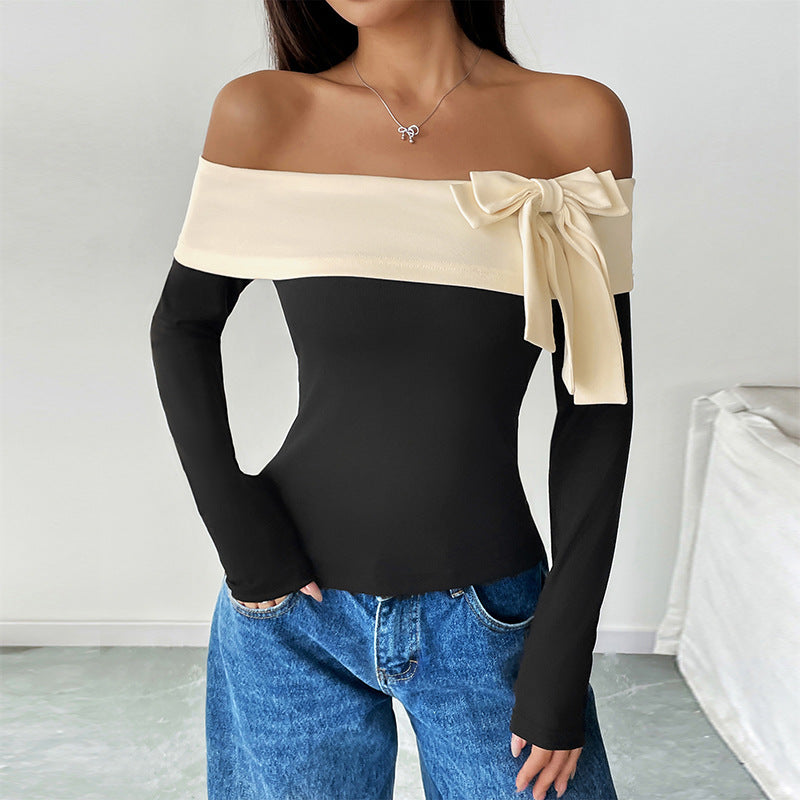 Color-Blocked Off-Shoulder Top with Bow Detail