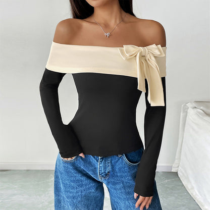 Color-Blocked Off-Shoulder Top with Bow Detail