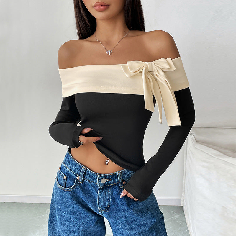 Color-Blocked Off-Shoulder Top with Bow Detail