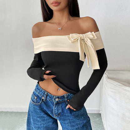 Color-Blocked Off-Shoulder Top with Bow Detail