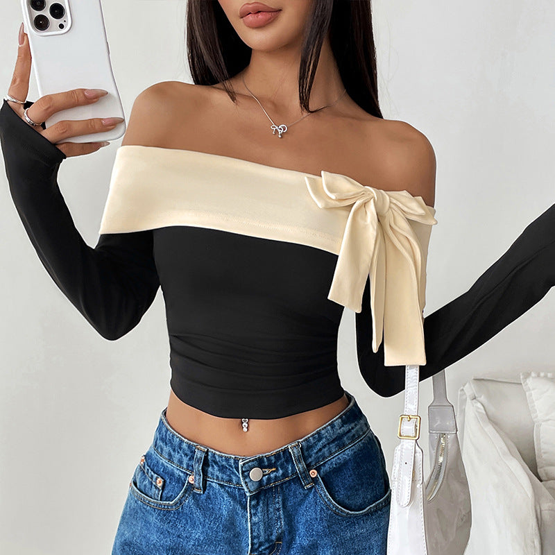 Color-Blocked Off-Shoulder Top with Bow Detail