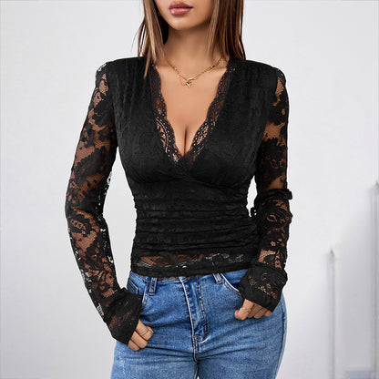 Slim-Fit Lace Top with V-Neck and Long Sleeves
