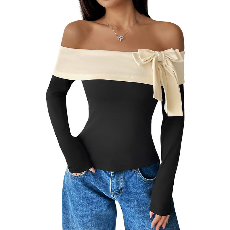 Color-Blocked Off-Shoulder Top with Bow Detail