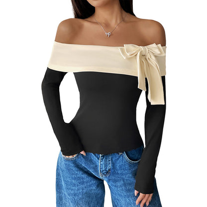 Color-Blocked Off-Shoulder Top with Bow Detail