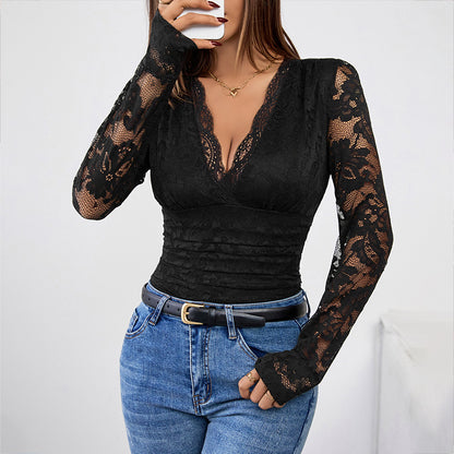 Slim-Fit Lace Top with V-Neck and Long Sleeves