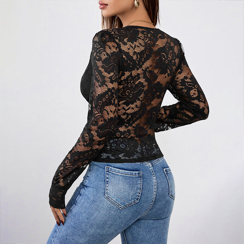 Slim-Fit Lace Top with V-Neck and Long Sleeves