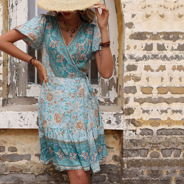 Ethnic Floral Print Wrap Mini Dress with V-Neck and Tie Waist