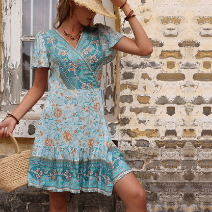 Ethnic Floral Print Wrap Mini Dress with V-Neck and Tie Waist