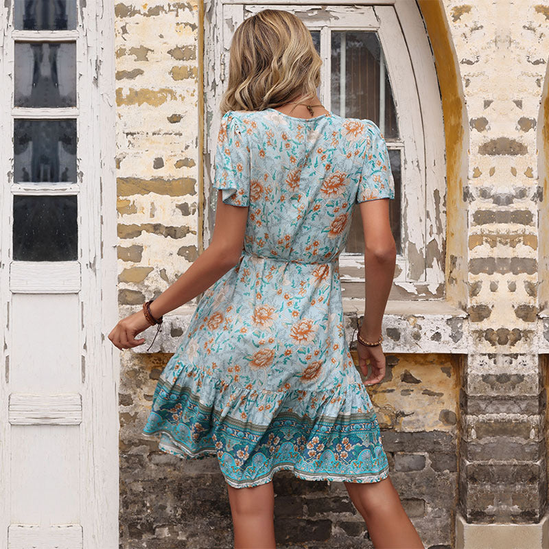Ethnic Floral Print Wrap Mini Dress with V-Neck and Tie Waist