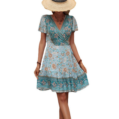 Ethnic Floral Print Wrap Mini Dress with V-Neck and Tie Waist