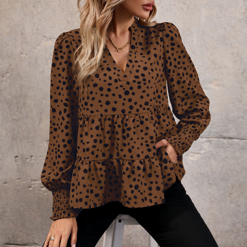 Leopard Print Peplum Blouse with Puff Sleeves